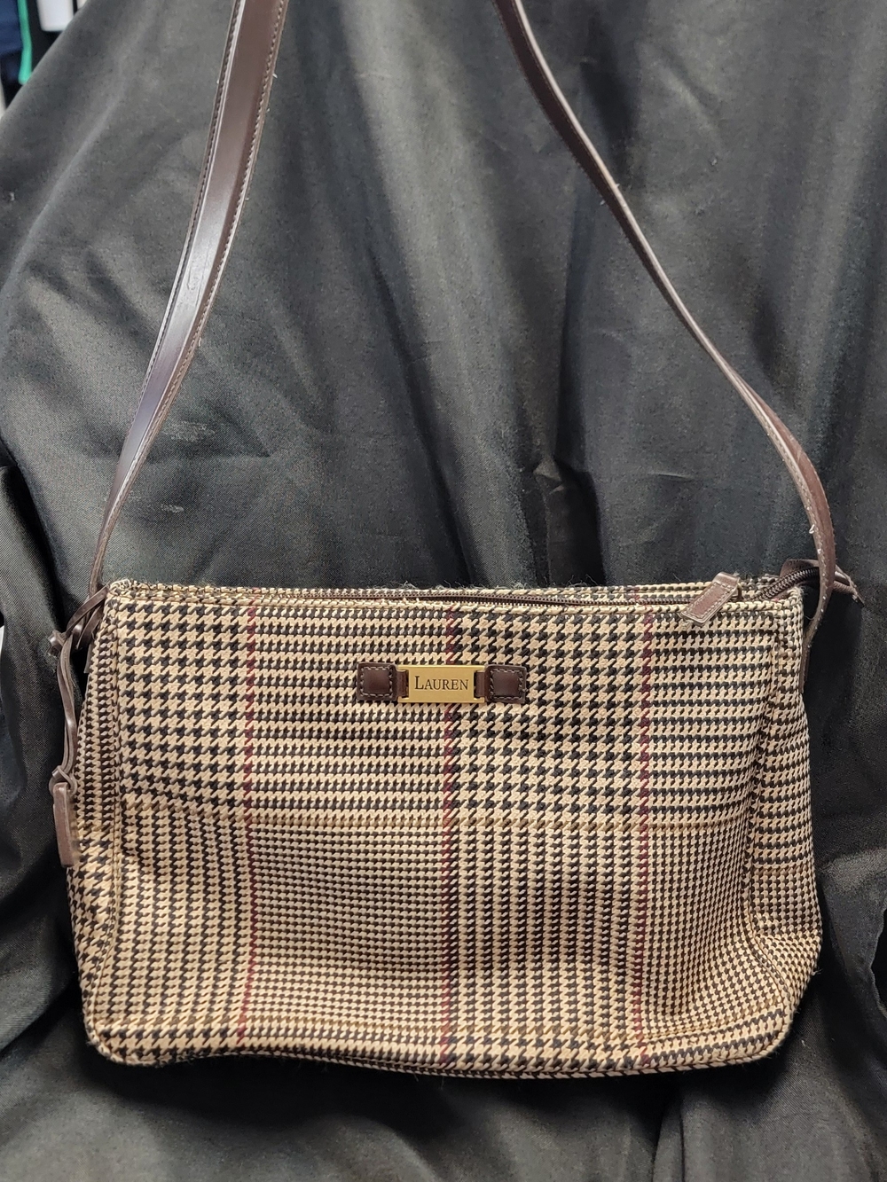 Ralph Lauren Brown Houndstooth Shoulder Bag with Red Accents